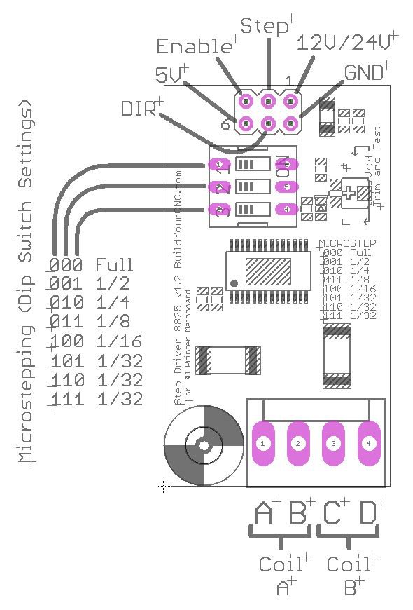 2.5 amp driver diagram with headers and pin out descriptions.