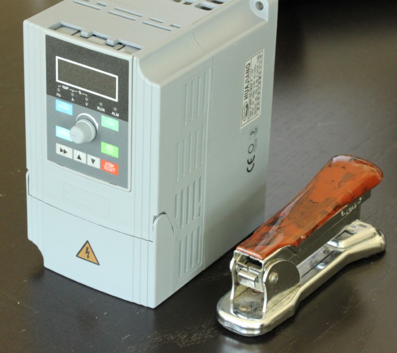 VFD (Inverter) for 2.2kW Spindle shown with stapler for scale