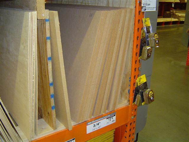 The stack of MDF at the home improvement store measuring 2x4 feet and 3/4 inch thickness